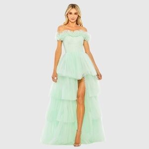 Mac Duggal 20570 NWT Green Off-the-Shoulder High-Low Tulle Gown